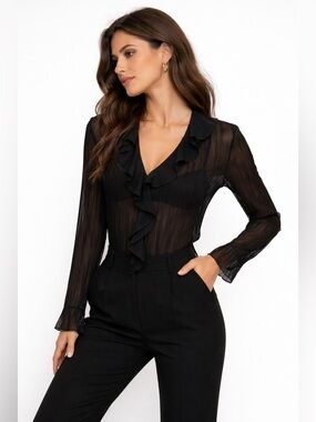 Scotch & Soda Black Sheer Pleated Ruffle Blouse Size S